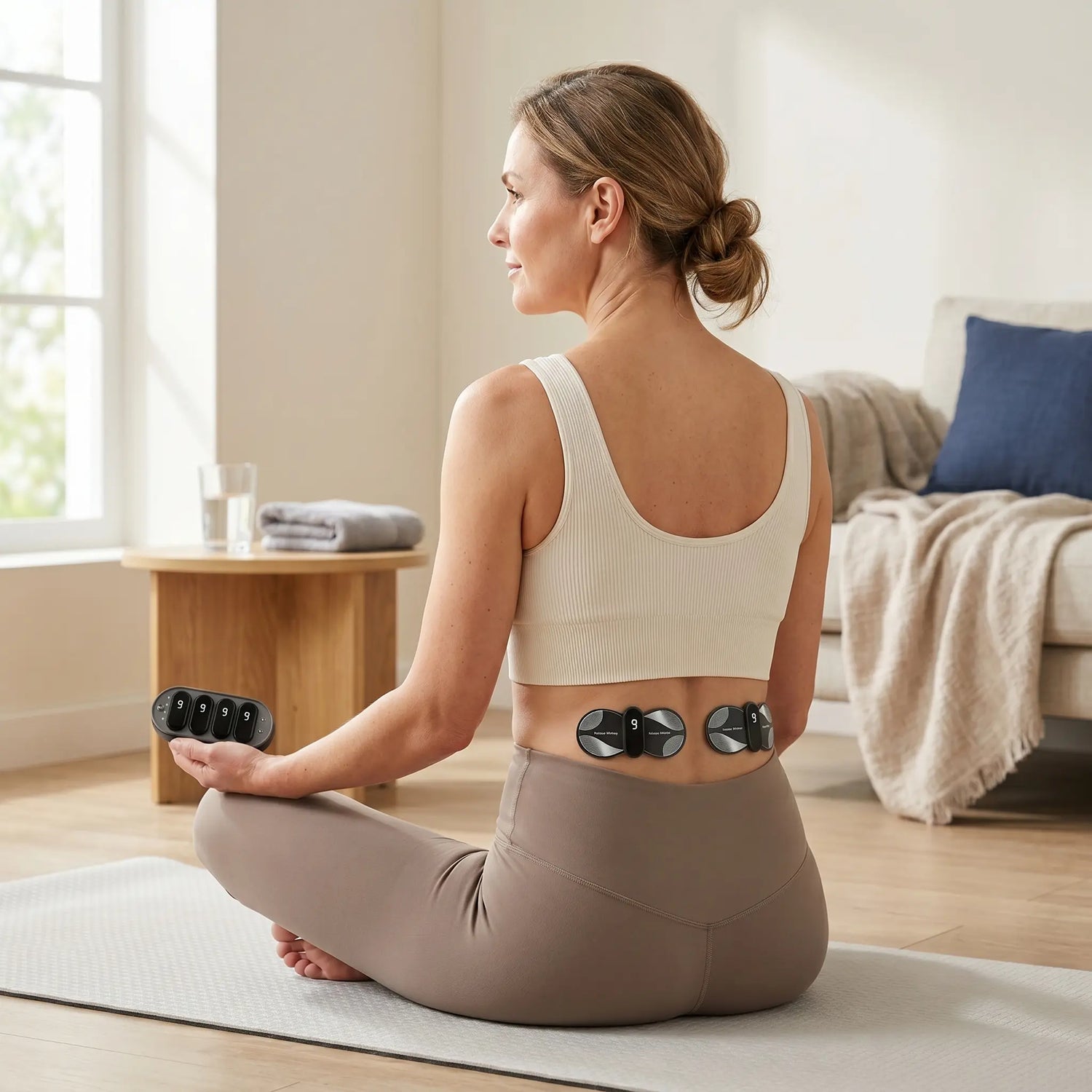 Woman sitting on a yoga mat with muscle stimulation devices on her abdomen and a remote control in hand