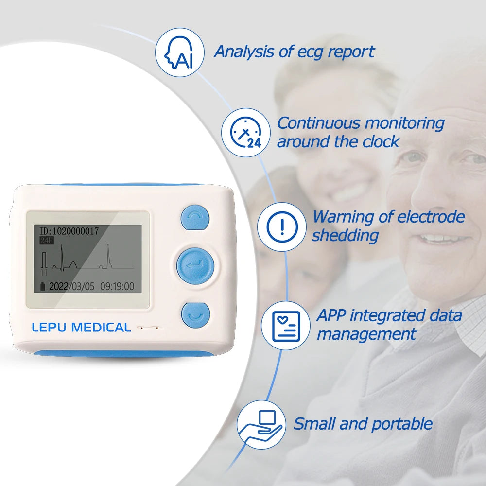 12-Lead AI Holter ECG Monitor — AI analysis detects 17 abnormal heart event types