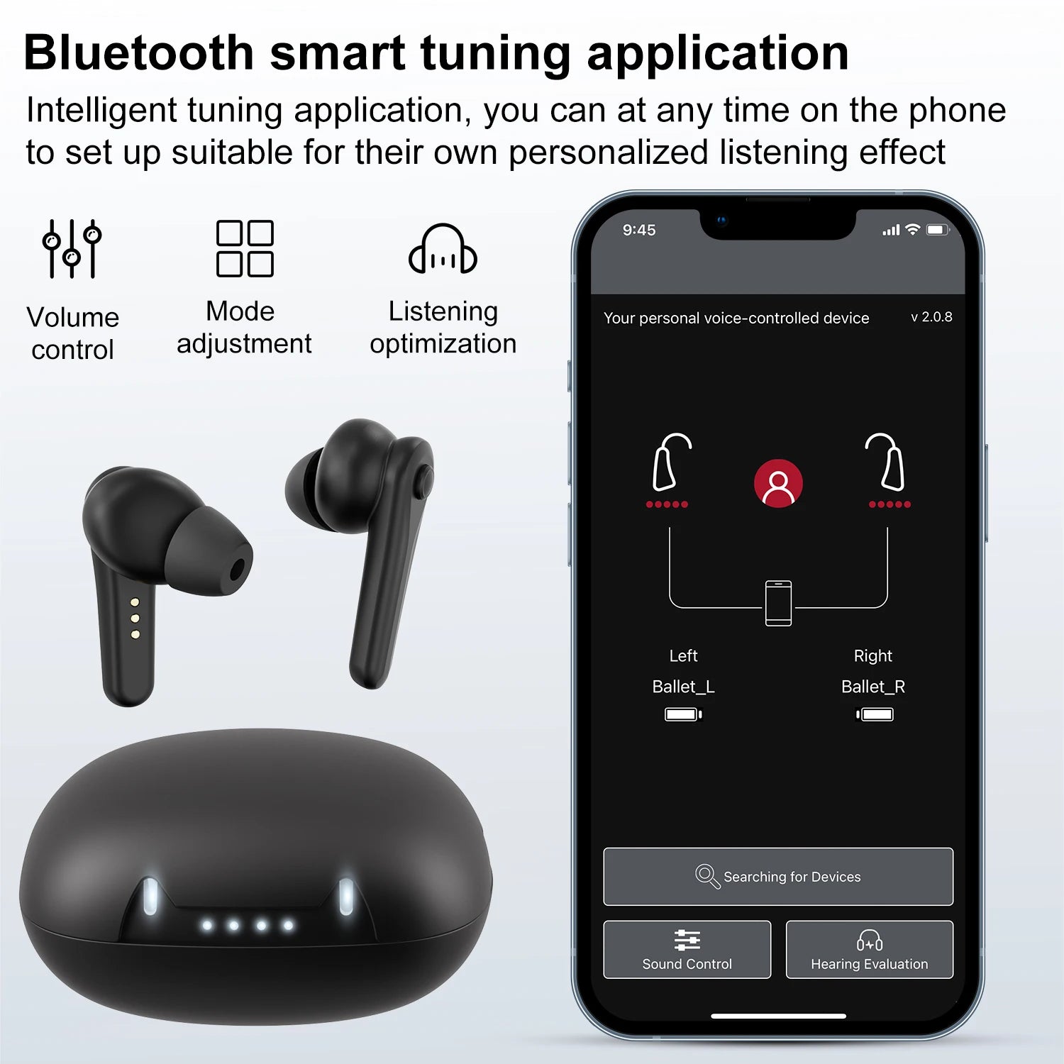 Bluetooth rechargeable hearing aids with charging case — app control and noise reduction