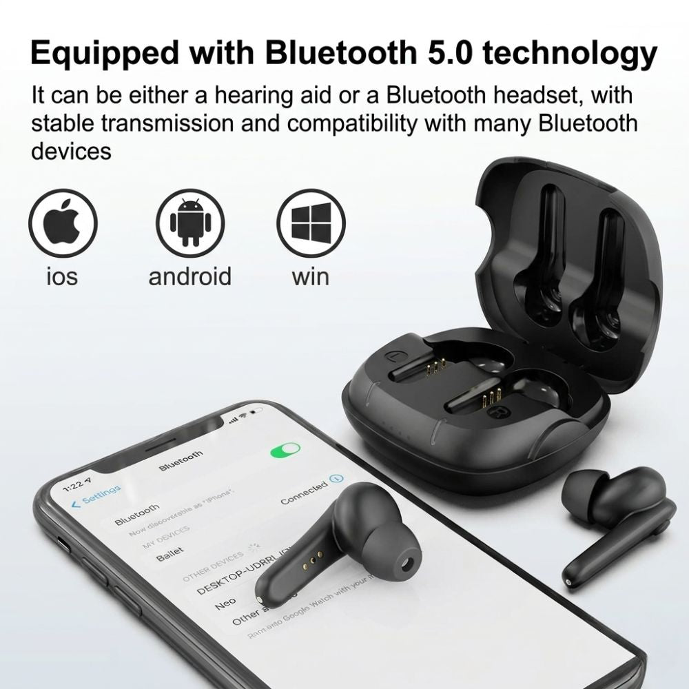 Bluetooth rechargeable hearing aids with charging case — app control and noise reduction