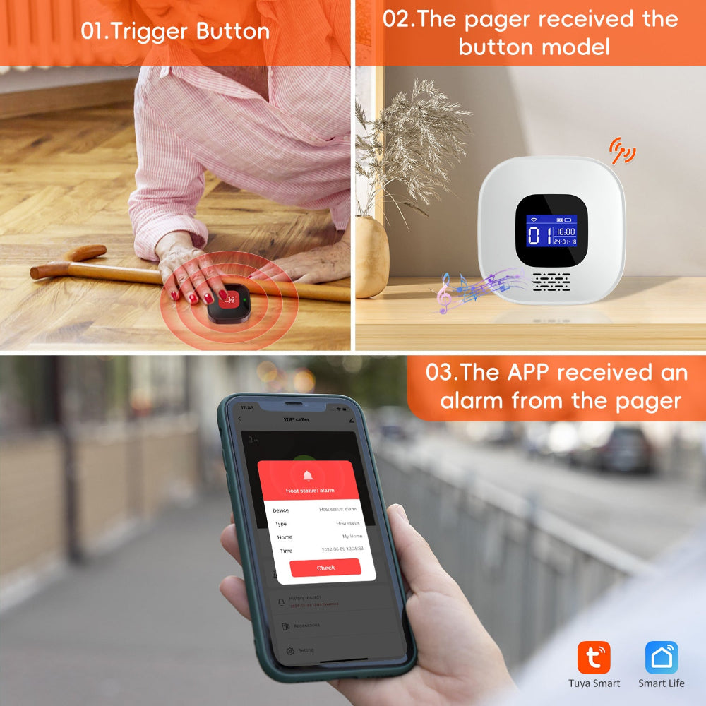 CF206 Smart WiFi Caregiver Call Bell System with 2 Call Buttons & Caregiver Watch