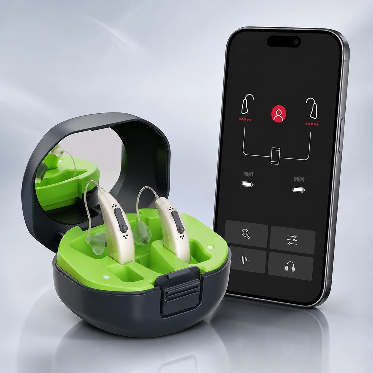 A pair of beige hearing aids in a green charging case next to a smartphone displaying a control app.
