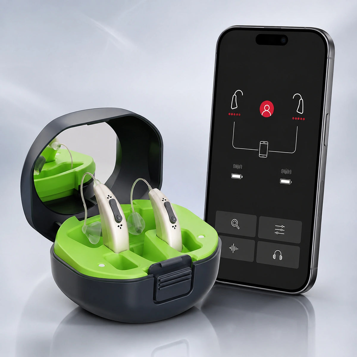 A pair of beige hearing aids in a green charging case next to a smartphone displaying a control app.