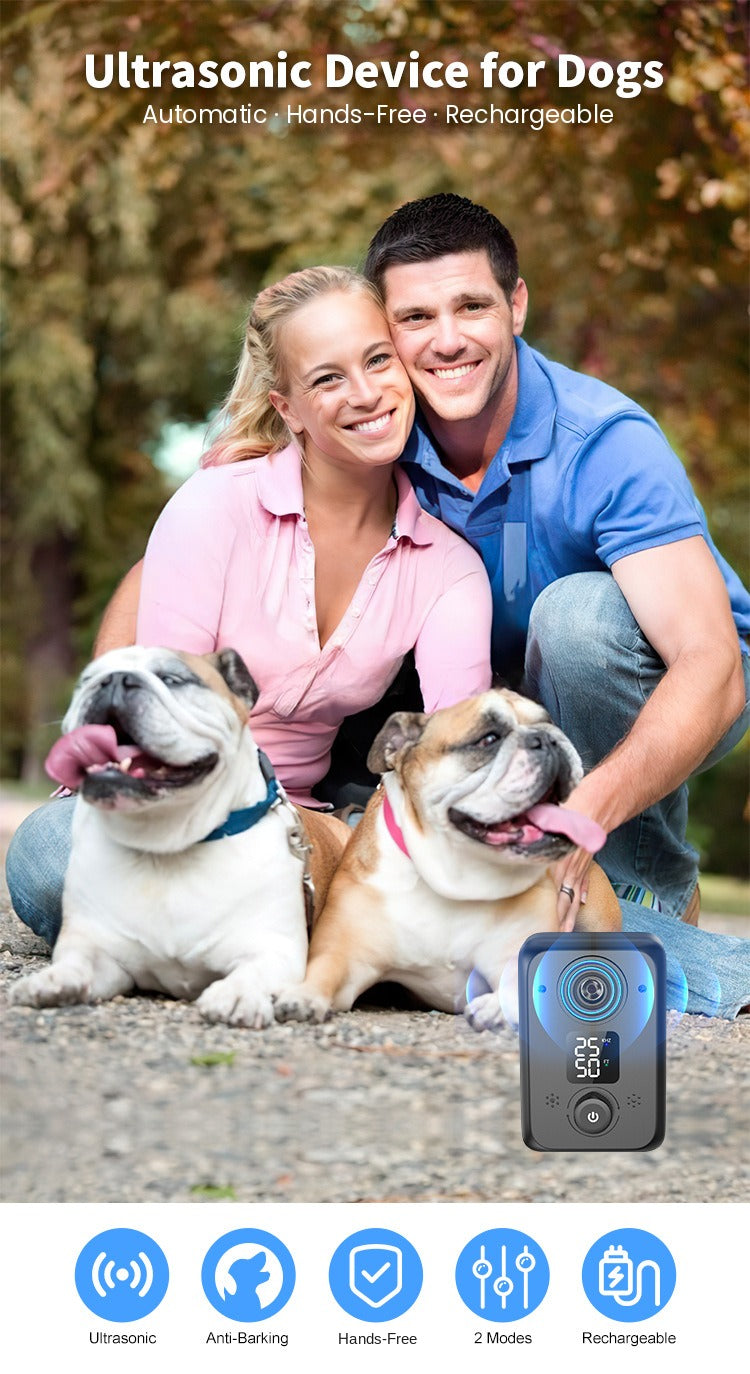 Couple with two bulldogs and the automatic ultrasonic bark control device