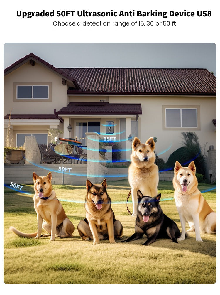 Dogs in a yard within 15, 30 and 50 ft detection zones of the bark control device