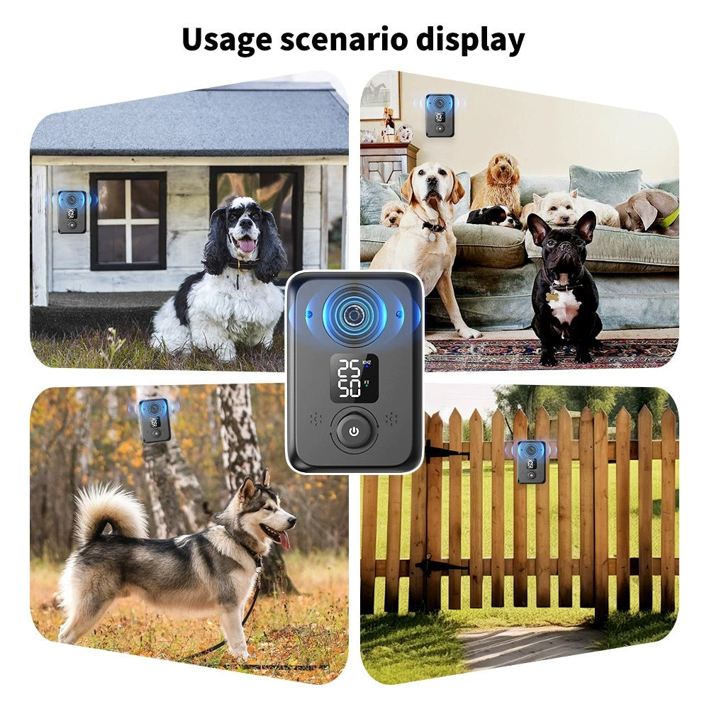 Bark control device used at a kennel, in a living room, on a tree and on a garden fence