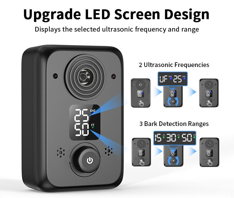 Bark control LED screen showing 2 ultrasonic frequencies and 15, 30 and 50 ft detection ranges