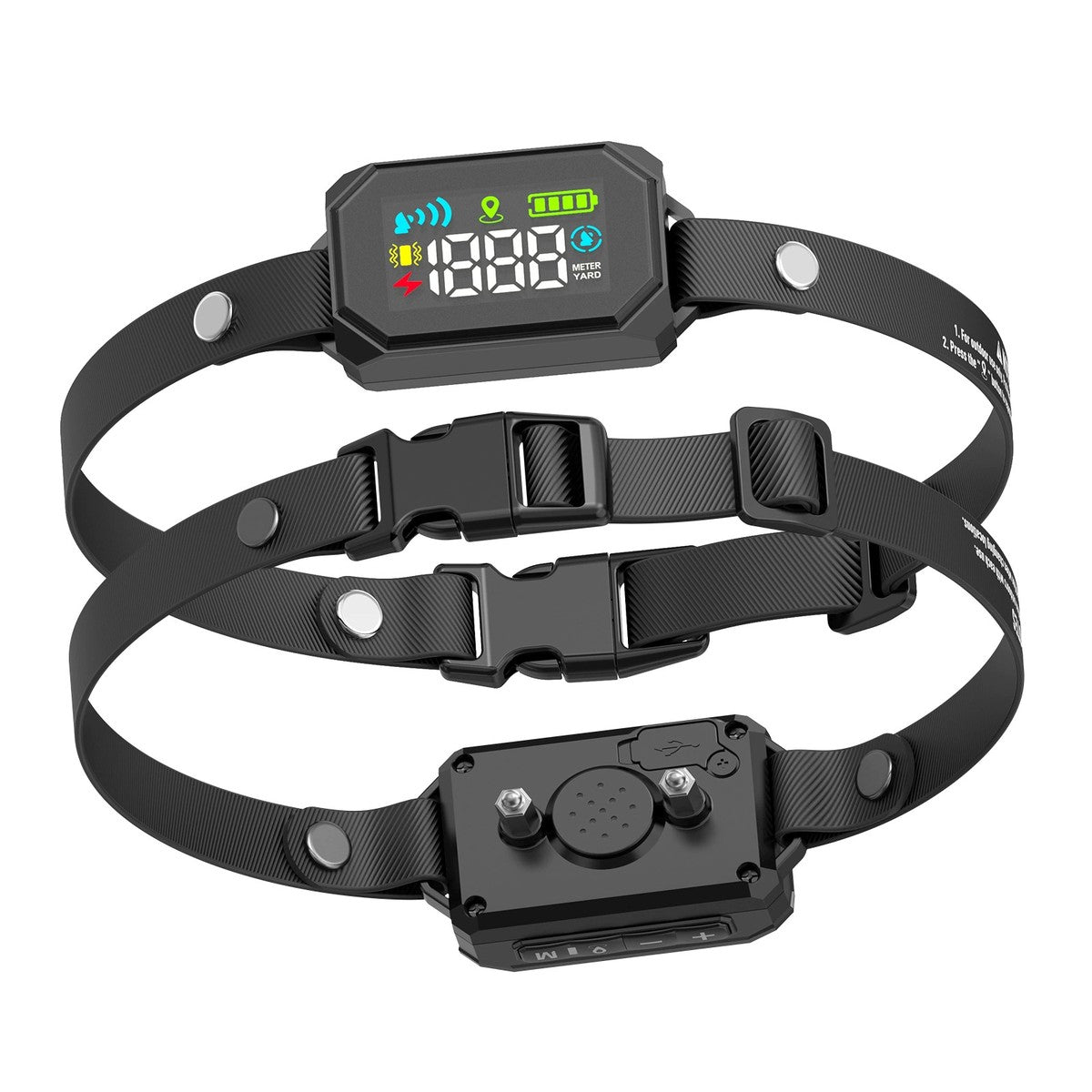 Two GPS fence collars showing the colour screen and the contact points