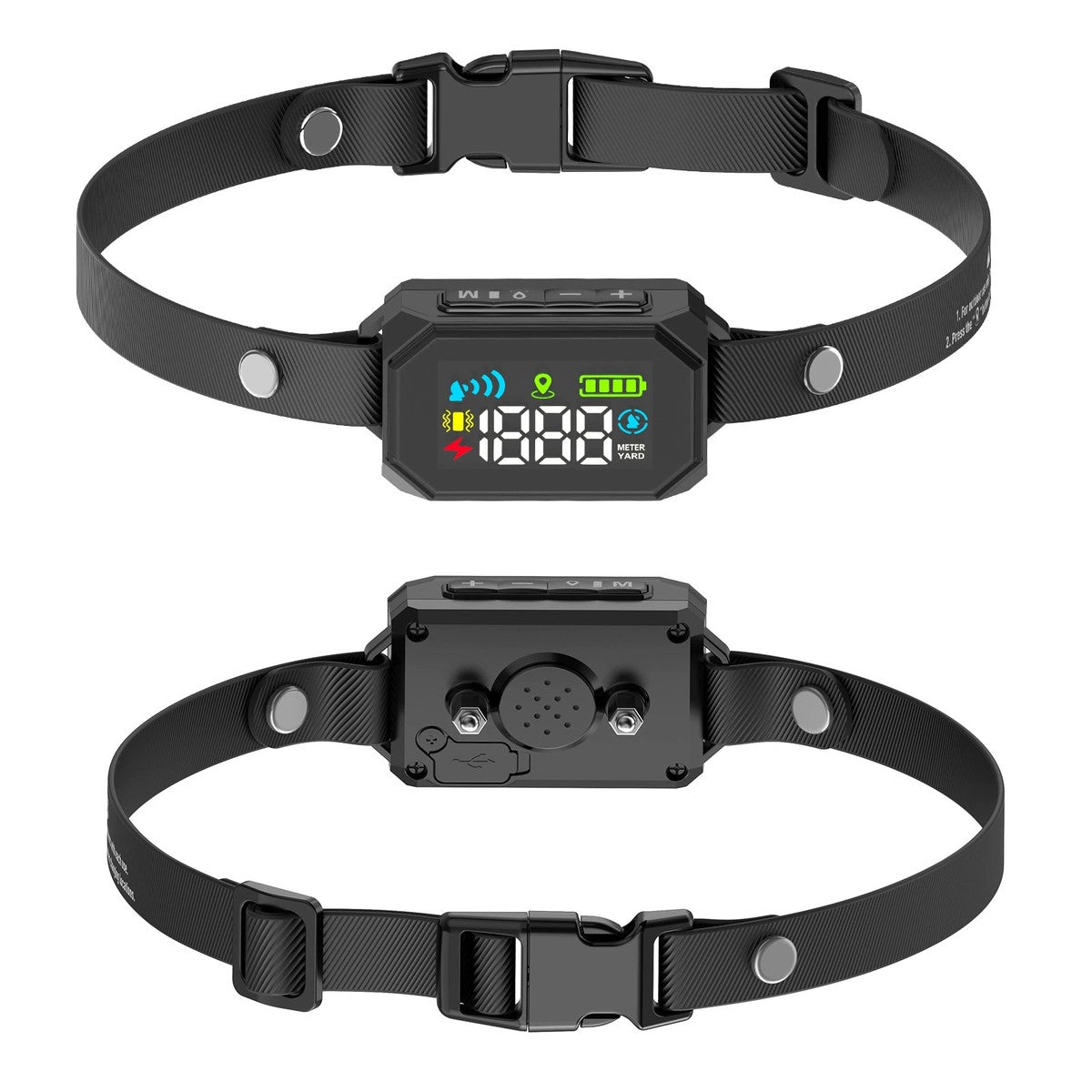 GPS wireless dog fence collar, front with colour screen and back with contact points