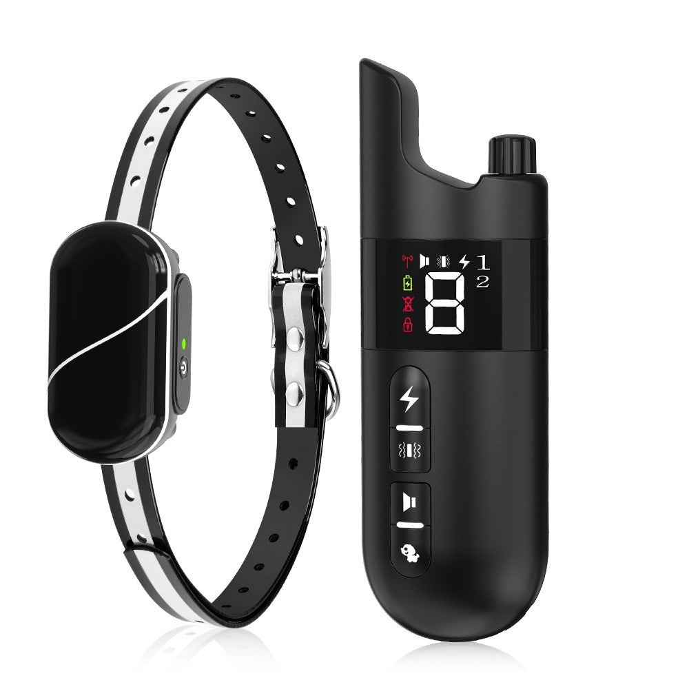 Black remote transmitter with digital display and one receiver collar