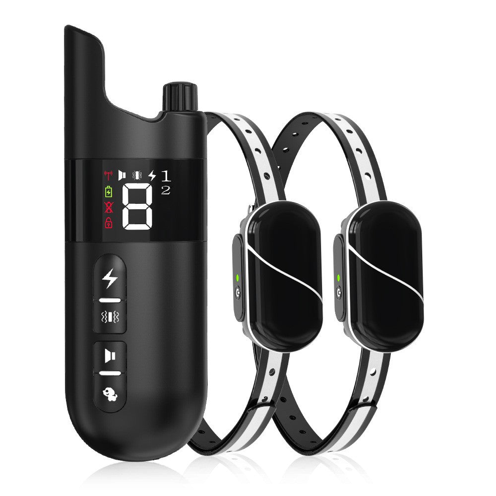 Black remote transmitter with two receiver collars for training two dogs