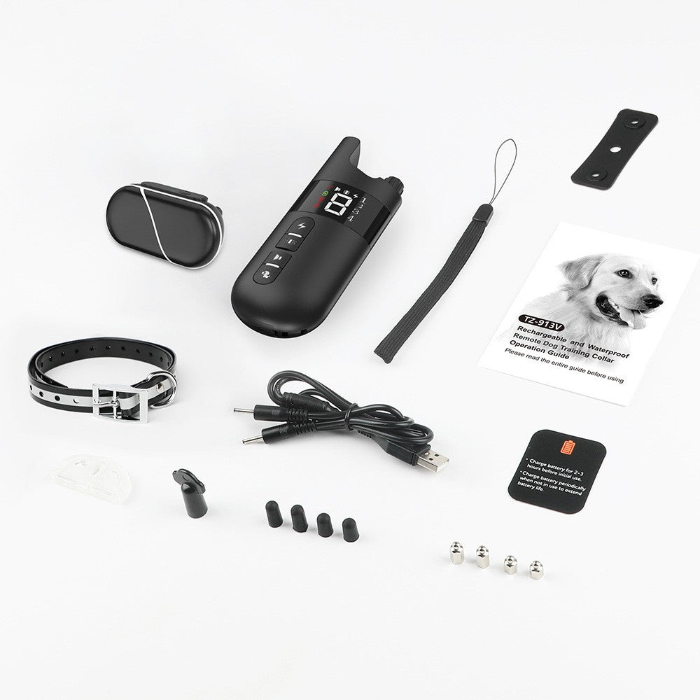 Dog training collar package contents: transmitter, receiver collar, contact probes and accessories