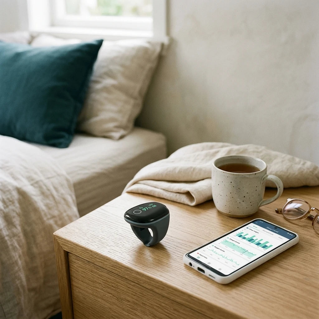 Smart sleep tracking ring on a wooden nightstand beside a smartphone displaying health data, tea mug, and glasses near a bed