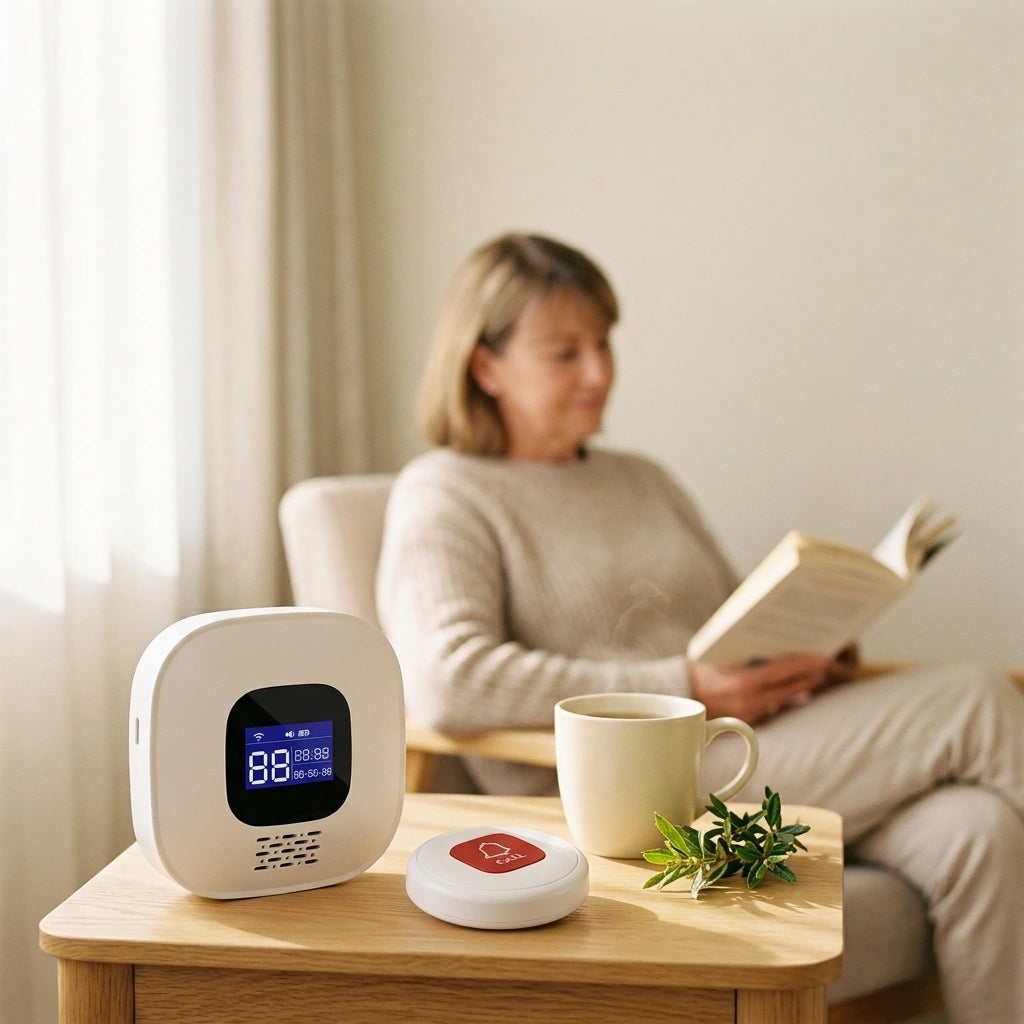A white smart alarm clock sits on a wooden table next to a mug and a remote control while a woman reads a book in the background.