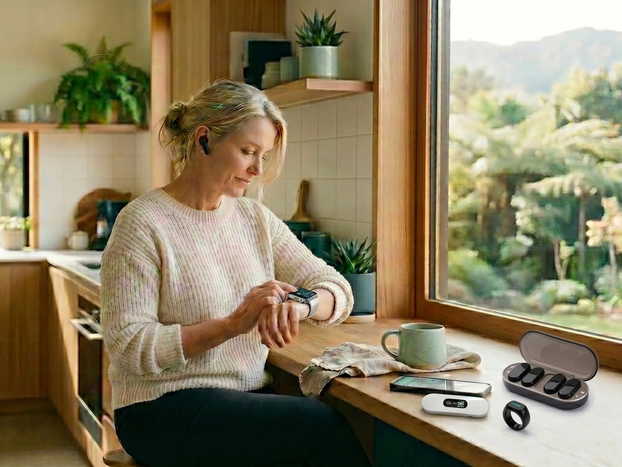Woman in kitchen checking a small device on her wrist with various gadgets on the counter